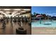 Split view of a gym with fitness equipment and an outdoor pool with mushroom fountain at 3905 Farlow Rd, Charlotte, NC 28269