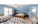 Spacious bedroom featuring blue walls, carpeted floors, and two twin beds at 421 Tranquil Bay Cir, Norwood, NC 28128