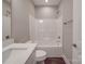 Neat bathroom with a shower-tub combo, modern sink, toilet, and a towel rack creating a functional space at 725 Granna Ln, Lancaster, SC 29720