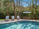 Inground pool with lounge seating under an umbrella, surrounded by trees, and lush landscaping at 1511 Churchill Downs Dr, Waxhaw, NC 28173