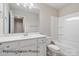 Bathroom featuring a single sink vanity, toilet, and shower/tub combination at 2019 Mcdonald Dr, Charlotte, NC 28216