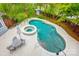 Aerial view of a kidney-shaped pool and jacuzzi, surrounded by lush landscaping, shed and patio area at 3726 Providence Rd, Charlotte, NC 28211