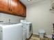 Efficient laundry room with modern washer and dryer, and overhead cabinets for storage at 7240 Baybrooke Ln, Harrisburg, NC 28075