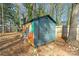 Charming shed with a unique painted design, providing ample storage space in the backyard at 7656 Eastbourne Rd, Charlotte, NC 28227