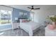 Beautiful bedroom featuring two windows, white trim, blue accent wall and elegant ceiling fan at 2011 Mantle Ridge Dr # 193, Wesley Chapel, NC 28079