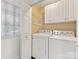 Functional laundry room with white washer and dryer, overhead cabinets, and natural light at 5114 Glenbrier Dr, Charlotte, NC 28212
