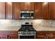 A close up showcases stainless steel appliances and tile backsplash in this gourmet kitchen at 11037 Thornbeck Ln, Midland, NC 28107