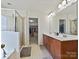 Bright bathroom features a double vanity, shower, and an entrance to a walk-in closet at 11621 Red Knoll Ln, Pineville, NC 28134