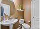 Cozy powder room featuring a white vanity and mirror, with wood flooring and paint at 11621 Red Knoll Ln, Pineville, NC 28134