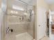 Modern shower with glass door, tiled walls, and built-in shelving in a well-lit bathroom at 121 Hanks Bluff Dr, Mooresville, NC 28117