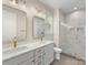 Bathroom features double vanity, quartz countertops, glass shower and modern fixtures at 1413 Kenilworth Ave, Charlotte, NC 28203