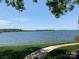 Lake view from a walkway featuring green grass and water with trees along the shoreline at 18009 Kings Point Dr # C, Cornelius, NC 28031
