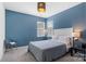 Cozy bedroom showcasing a calming blue accent wall, carpeted floors, and natural light at 3124 Berry Creek Rd, Charlotte, NC 28214