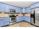 Bright kitchen featuring stainless steel appliances, granite countertops, and blue cabinets at 4205 New Town Rd, Waxhaw, NC 28173