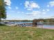 Inviting lakefront property features a wooden dock with a covered sitting area and ample space for boat mooring at 126 Balmoral Dr, Mooresville, NC 28117