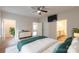 Decorated main bedroom featuring a ceiling fan, TV, ensuite bathroom, closet, and modern furnishings at 1415 Troon Dr, Salisbury, NC 28144