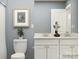This is a bathroom with double sinks, white cabinets and decorative plant at 4171 Skyboat Cir, Fort Mill, SC 29715