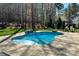 This backyard oasis showcases a kidney-shaped pool with stone features, surrounded by a lush green lawn and mature trees at 1041 Crofton Dr, Waxhaw, NC 28173