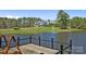 Scenic pond view with a dock, fountain, and landscaped yard in a beautiful residential setting at 525 Lake Lynn Rd, Concord, NC 28025