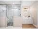 Bathroom with a glass door shower, and a double sink vanity at 7419 Tesh Rd, Monroe, NC 28110