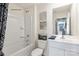 Clean bathroom featuring a shower-tub combination, a white vanity with a mirror, and ample lighting for a refreshing feel at 882 Two Brothers Ln, York, SC 29745