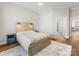 Cozy bedroom showing a wood-frame bed, wood floors, and a view to the ensuite bathroom at 4148 Cedar Point Ave, Matthews, NC 28104
