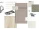 Kitchen finishes sample board featuring light gray cabinets, light countertops, and stainless-steel sink and faucet at 1018 Mapletree Ln, Indian Trail, NC 28079