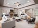 Cozy living room with stone fireplace, tray ceiling, and hardwood floors, offering a warm and inviting atmosphere at 217 Blossom Hill Rd, Lincolnton, NC 28092