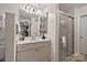 Modern bathroom with a vanity, shower with sliding glass doors, and stylish decor at 1832 J Julian Ln # D, Charlotte, NC 28208