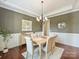 Formal dining area features wainscoting and a stylish light fixture at 2030 Gloucester St, Weddington, NC 28104