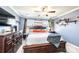 Relaxing main bedroom featuring blue walls, a ceiling fan, and a dark wood bed frame with built in storage at 3765 11Th Ne St, Hickory, NC 28601