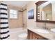 Bathroom features tiled shower/tub with a navy striped curtain, granite vanity, and decorative art at 5419 Sunningdale Dr, Charlotte, NC 28277