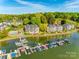Stunning aerial view of waterfront condos and community boat slip at 9709 Emerald Point Dr # 6, Charlotte, NC 28278