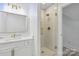 Modern bathroom featuring a tiled walk-in shower, stylish vanity, and ample lighting at 13833 Jonathans Ridge Rd, Mint Hill, NC 28227