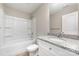 Bright bathroom features a tub and shower combination with modern white vanity and granite countertop at 206 W 19Th St, Kannapolis, NC 28081