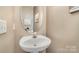 Stylish half bathroom featuring a pedestal sink, oval mirror, and neutral decor at 1720 Chamberside Dr, Rock Hill, SC 29730