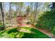 A view of the backyard highlighting mature trees, manicured lawn and natural landscaping at 3717 Bodenham Ct, Charlotte, NC 28215