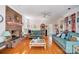 Comfortable living room featuring hardwood floors, a brick fireplace, and two sofas with a center table at 3717 Bodenham Ct, Charlotte, NC 28215