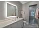 This stylish bathroom features a modern vanity, a large, lighted mirror, and a glass-enclosed shower at 19329 Watermark Dr # 531, Cornelius, NC 28031