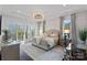 Serene main bedroom with decorative rug, chandelier lighting, and access to a private balcony at 19329 Watermark Dr # 531, Cornelius, NC 28031