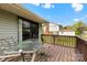Back deck with wood railing and sliding glass door with table and chairs at 1308 Gaston Way, Dallas, NC 28034