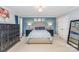Bedroom with blue walls, beautiful décor, well-placed bedside tables, and ample natural light at 5125 Waxwind Ln, Charlotte, NC 28226