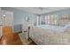 Comfortable bedroom with hardwood floors, light blue walls, and a window with plantation shutters at 5510 Sardis Rd, Charlotte, NC 28270