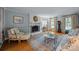 Comfortable living room with light blue walls, a decorative fireplace, hardwood floors, and natural light at 5510 Sardis Rd, Charlotte, NC 28270