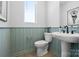 Stylish powder room featuring paneled walls, modern fixtures, and a pedestal sink at 5604 Kingspan Dr, Charlotte, NC 28217