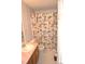 Compact bathroom with a single vanity, toilet, and shower with floral curtain at 648 Dobson Farm Rd, Statesville, NC 28625