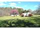 View of backyard outbuildings and shed with mature trees and lawn at 648 Dobson Farm Rd, Statesville, NC 28625