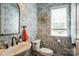 Elegant powder room with designer wallpaper, pedestal sink and updated fixtures at 7215 Meyer Rd, Fort Mill, SC 29715