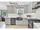 Bright kitchen featuring shaker cabinets, stainless appliances, designer backsplash, and a farmhouse sink at 1308 Spring Lake Dr, Gastonia, NC 28054