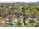 Aerial view showcasing neighborhood, mature trees, pool and surrounding homes, and proximity to amenities at 207 N Sims St, Kings Mountain, NC 28086